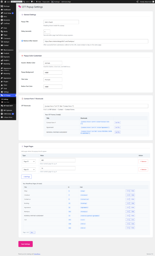 cf7 popup dashboard